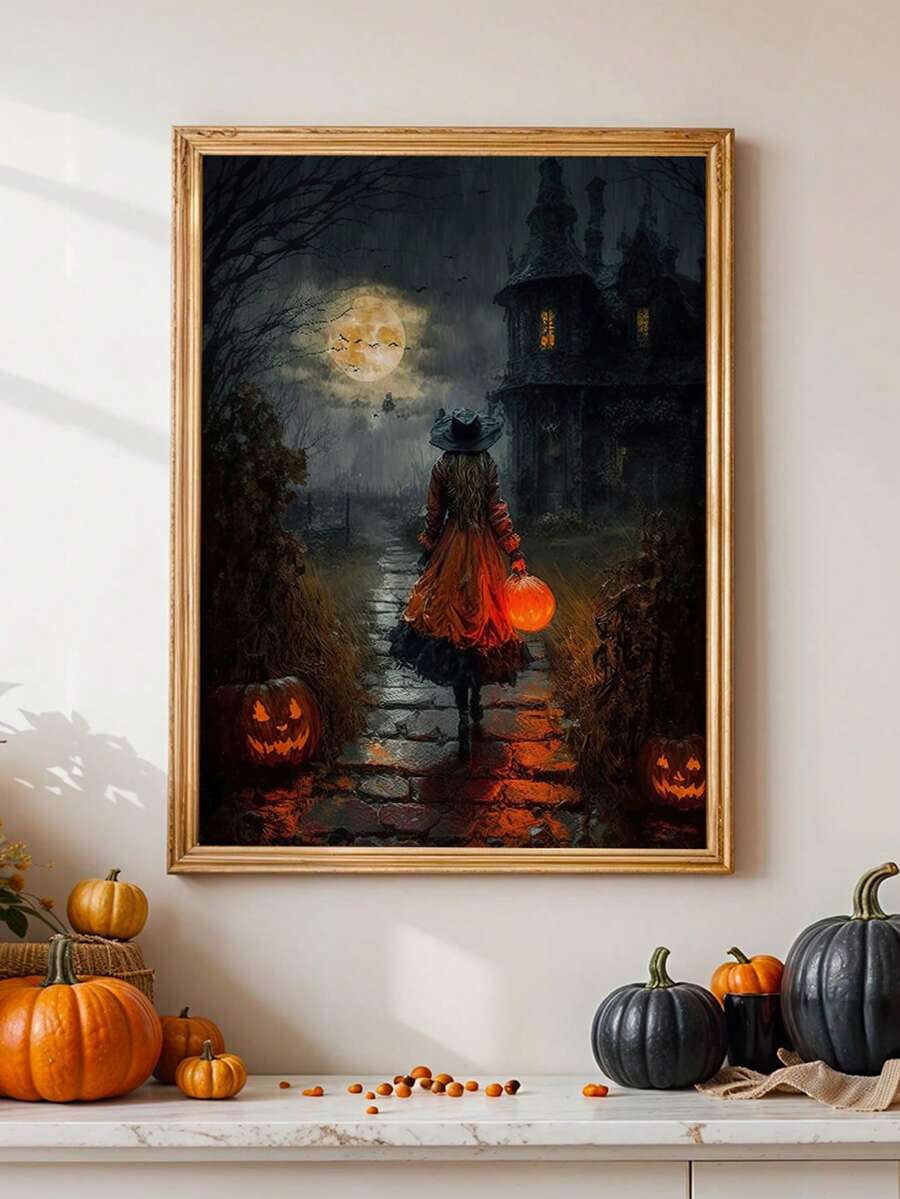 Witch print with jack o lantern, moon, bats, and haunted house