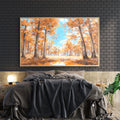 Capture the warmth of fall with this stunning canvas wall art featuring a vibrant autumn forest landscape. Rich orange and golden tones depict majestic trees in their seasonal splendor, creating a sophisticated nature scene that brings the outdoors into your home. Perfect for living rooms, bedrooms, or above sofas, this piece adds depth and visual interest to any space. The expertly rendered forest composition evokes tranquility and natural beauty, making it an ideal choice for those seeking to enhance thei