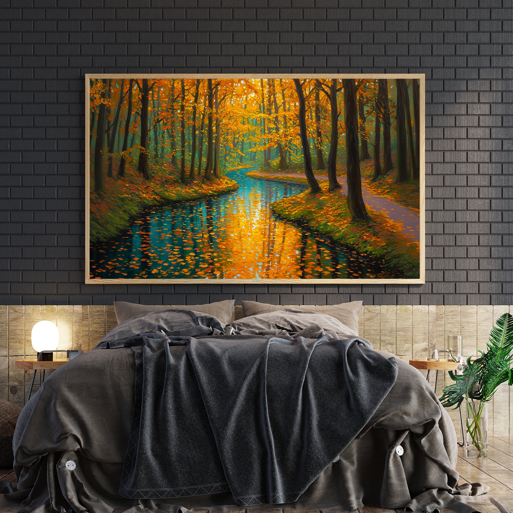 Capture the serene beauty of nature with this stunning canvas wall art featuring a tranquil forest stream framed by autumn foliage. The rich orange and cool blue palette creates a sophisticated color contrast that draws the eye and complements contemporary and traditional interiors alike.