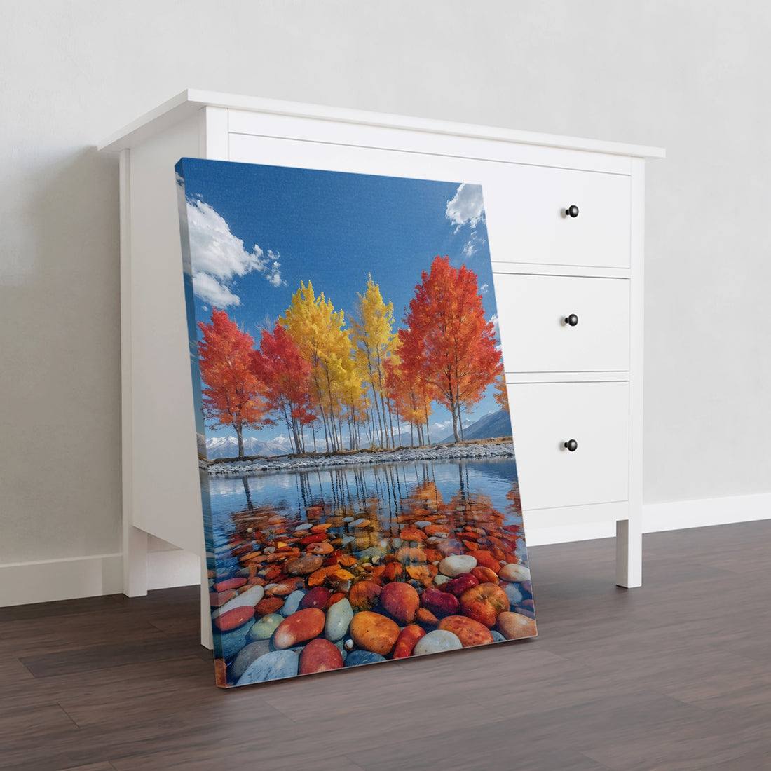 Enhance your living space with our Autumn Lake Canvas Wall Art, featuring a stunning mountain landscape with colorful trees reflecting in the tranquil lake. Perfect for living rooms, sofa backdrops, bedside decoration, and home decor, this piece will bring a touch of natural beauty to any room. Made with high-quality canvas, our wall art is sure to impress.