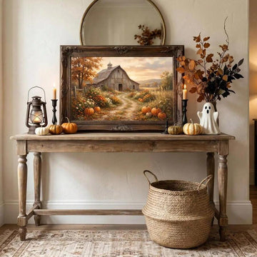 Capture the cozy beauty of the harvest season with this autumn-inspired Canvas poster featuring a charming farmhouse barn surrounded by a vibrant pumpkin field. Warm golden hues, rustic countryside details, and peaceful seasonal scenery create a welcoming artwork that celebrates the timeless charm of fall. Its inviting composition brings a sense of comfort and natural beauty to both traditional and modern interiors.