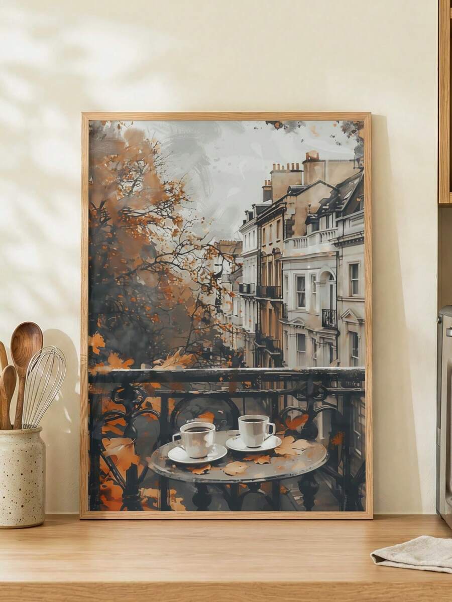 Wood framed autumn balcony coffee print leaning on a kitchen counter