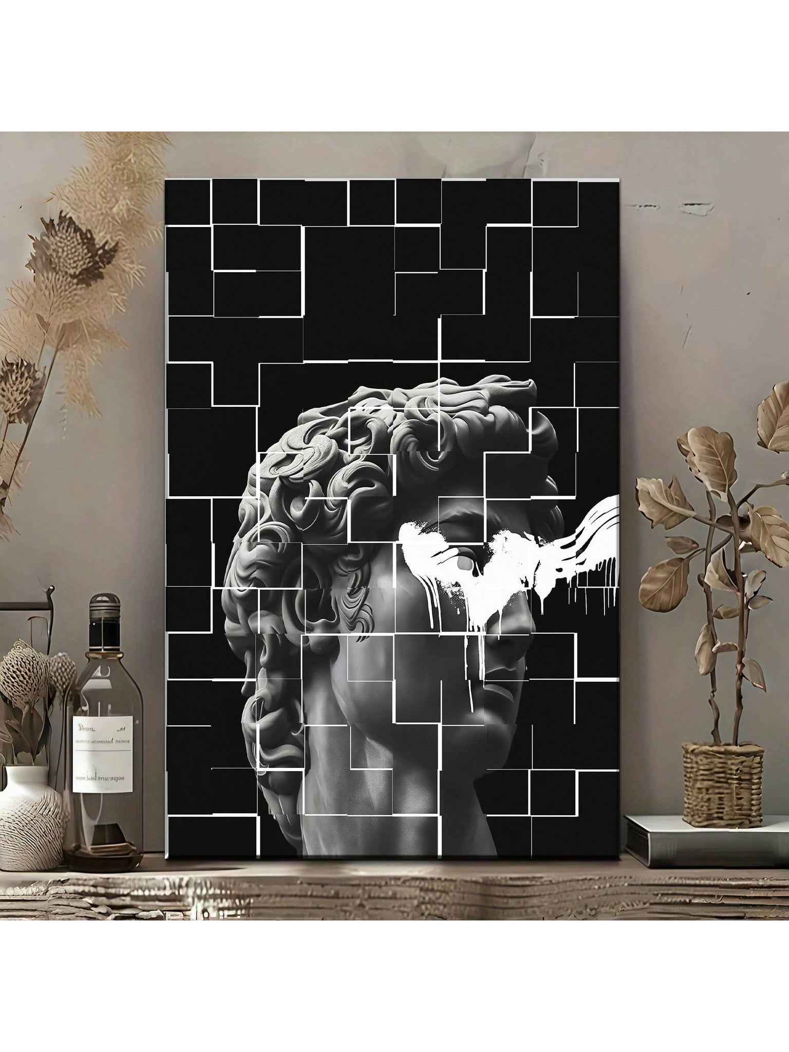 This Avant-Garde Black and White Abstract Statue Canvas Art offers a striking focal point for contemporary interiors. Its monochromatic palette and abstract form create a sophisticated visual impact, enhancing both modern homes and professional office spaces.