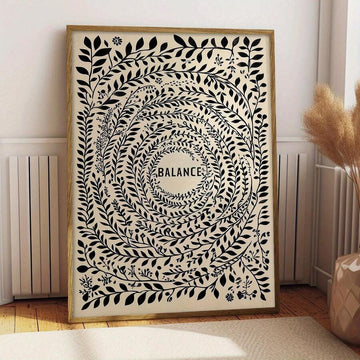 Balance wall art with black botanical spiral