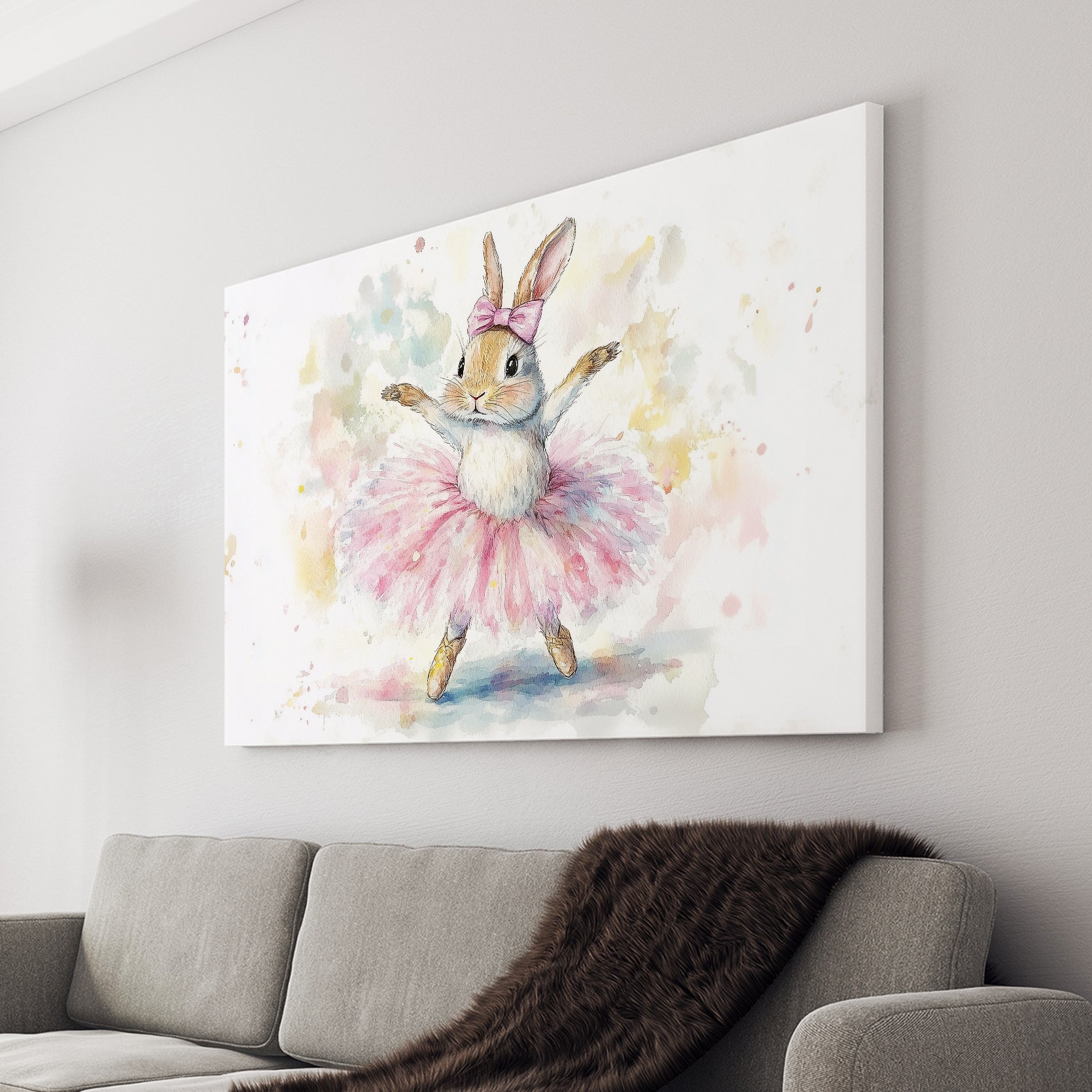 Add a touch of whimsy and charm to any room with our Ballerina Bunny Canvas Wall Art. Featuring a beautiful watercolor design, this piece is perfect for a nursery, living room, or as a backdrop for your sofa. Its versatile size also makes it a great addition to your bedside or any other area in need of some decorative flair. Elevate your home decor with this delightful piece.