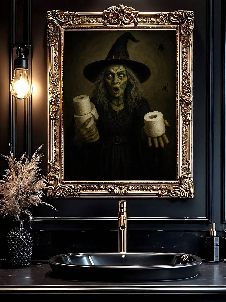 Ornate gold framed witch holding toilet paper above dark bathroom vanity