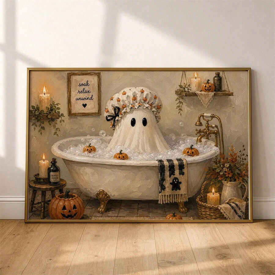 Vintage ghost relaxing in a clawfoot bathtub Halloween wall art