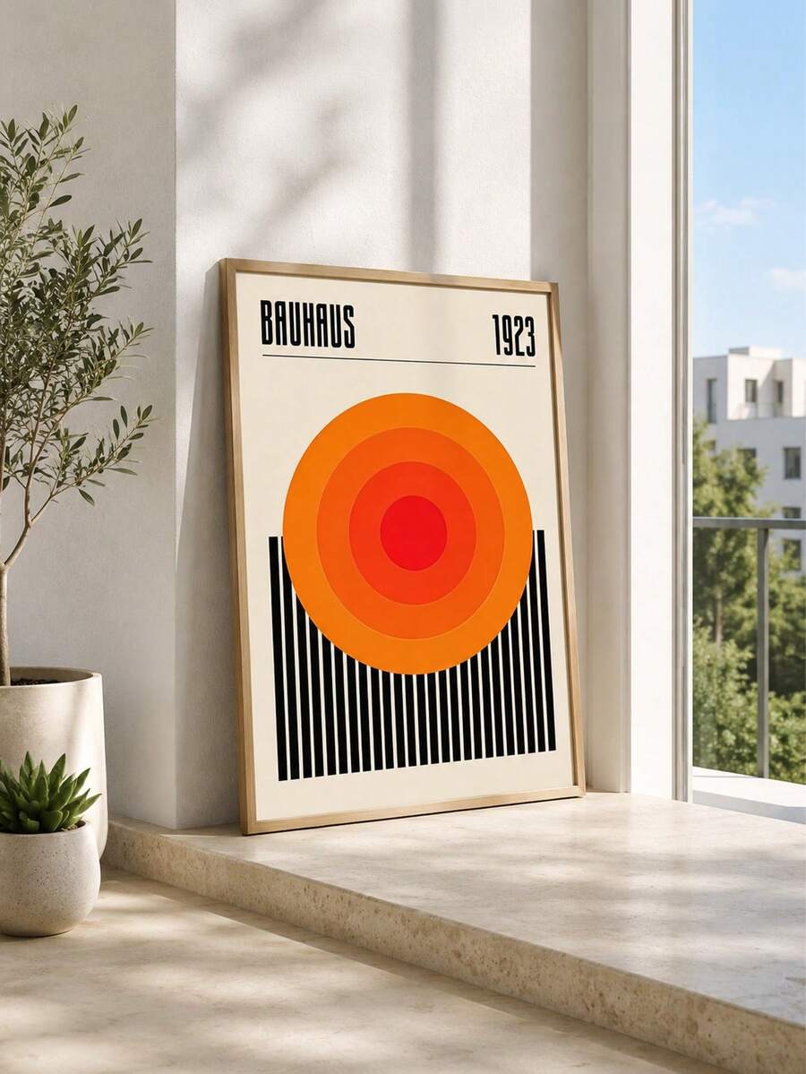 Bauhaus wall art with orange concentric circles and black vertical stripes