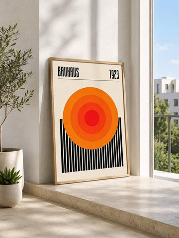 Bauhaus wall art with orange concentric circles and black vertical stripes