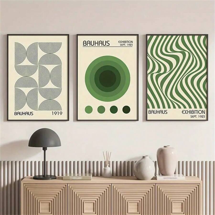 Green and cream Bauhaus geometric triptych above a modern sideboard