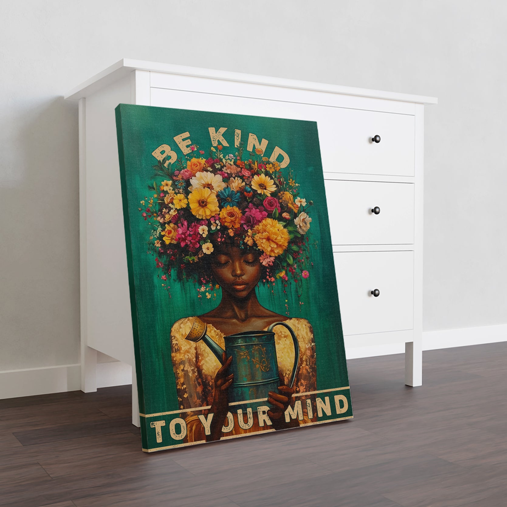 Elevate your living space with our "Be Kind To Your Mind" canvas wall art. This beautiful floral portrait painting promotes positivity and is perfect for your living room, sofa backdrop, bedside, or any other room in your home. Bring a touch of mindfulness and beauty to your decor.