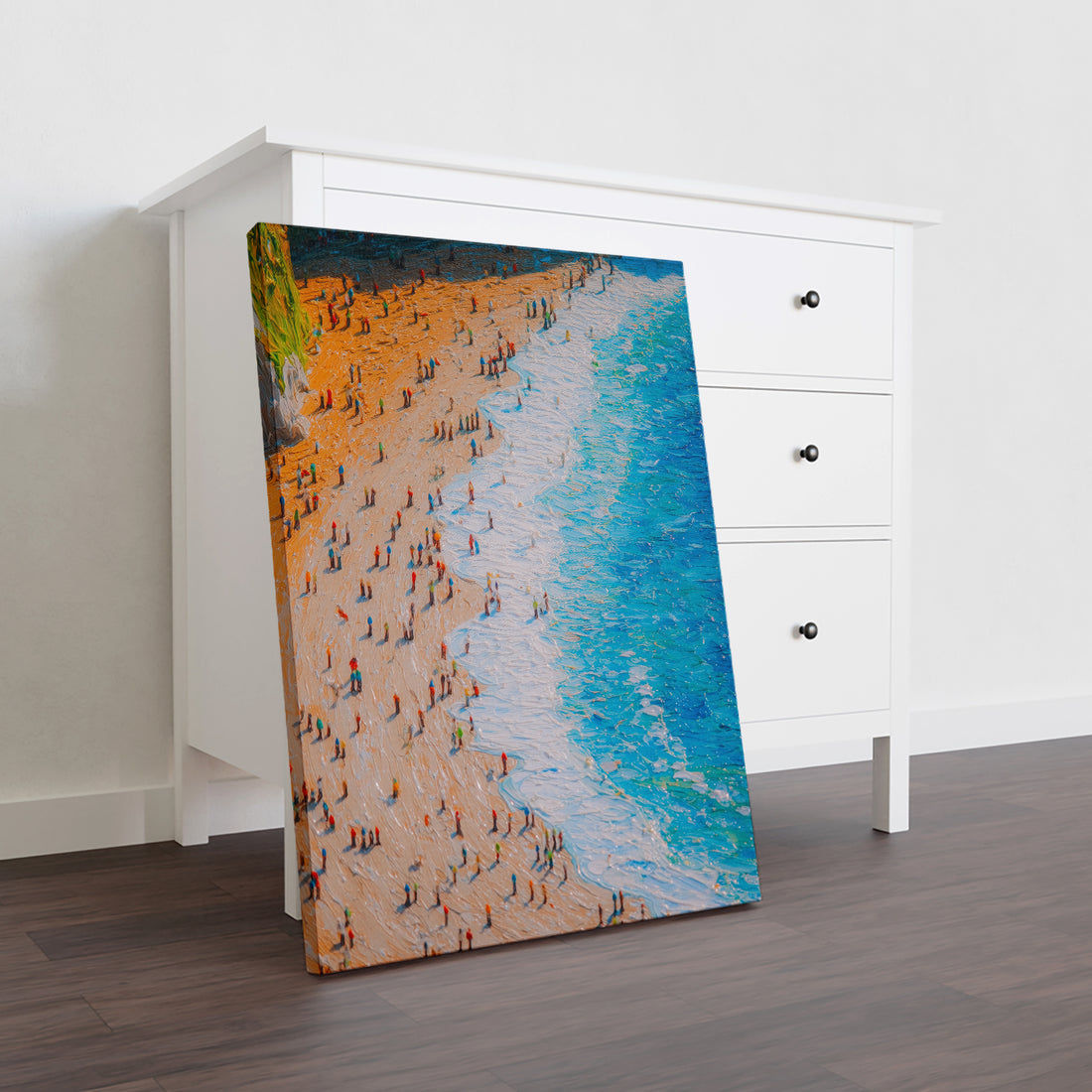 Elevate your interior with this stunning aerial perspective canvas art, capturing the serene beauty of pristine coastlines. The composition showcases crystalline turquoise waters meeting golden sandy shores, rendered with meticulous detail that draws the eye and invites contemplation. Perfect for living rooms, bedrooms, or any space requiring a sophisticated coastal accent, this piece brings the tranquility of seaside landscapes indoors.