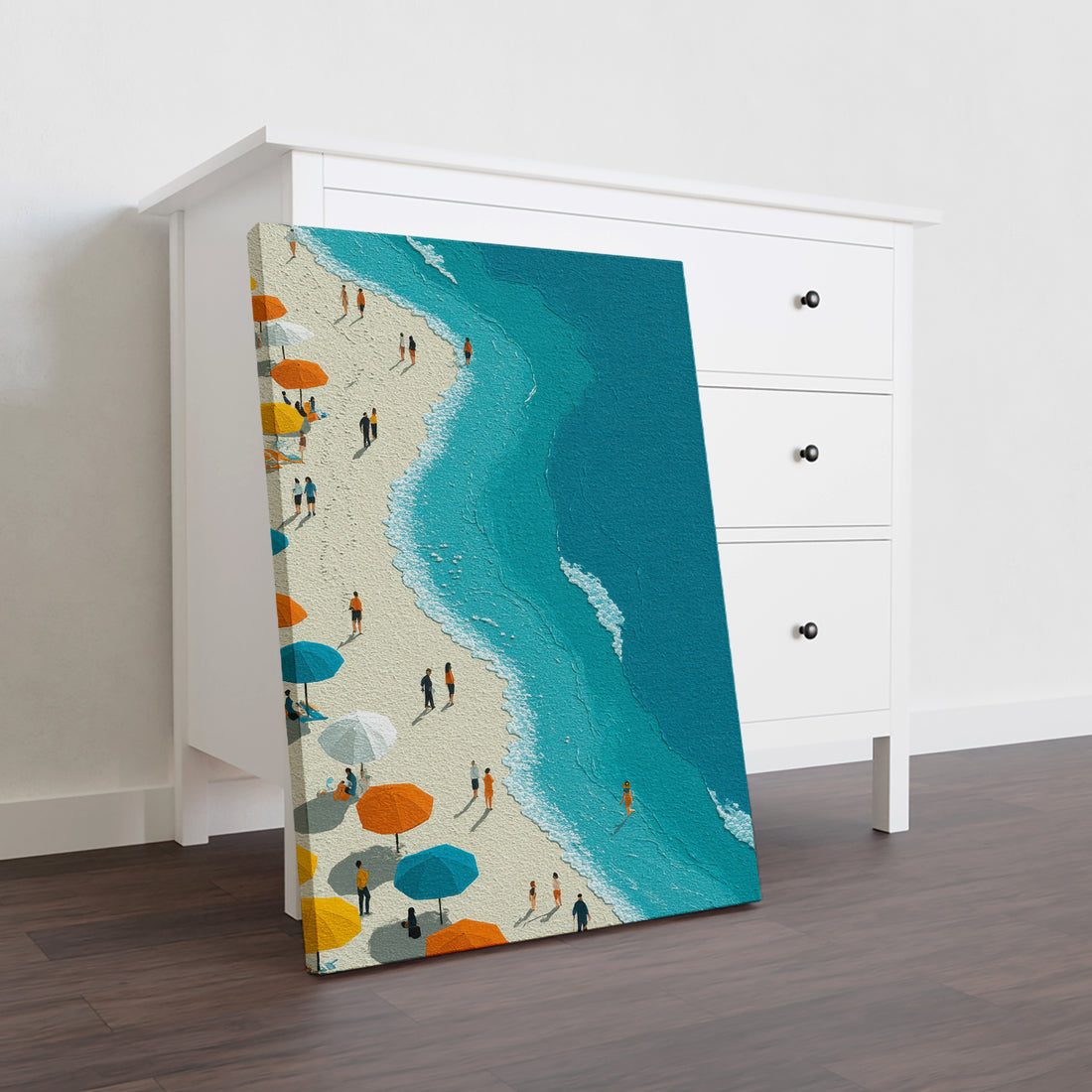 Capture the essence of coastal paradise with this stunning aerial canvas art. Featuring a breathtaking bird's-eye perspective of a pristine beach dotted with vibrant umbrellas against crystalline turquoise waters, this piece brings vacation vibes directly into your home. The dynamic composition and rich color palette make it an ideal focal point for living rooms, bedrooms, or above sofas. Expertly printed on premium canvas with fade-resistant inks, this artwork delivers gallery-quality detail and lasting vi