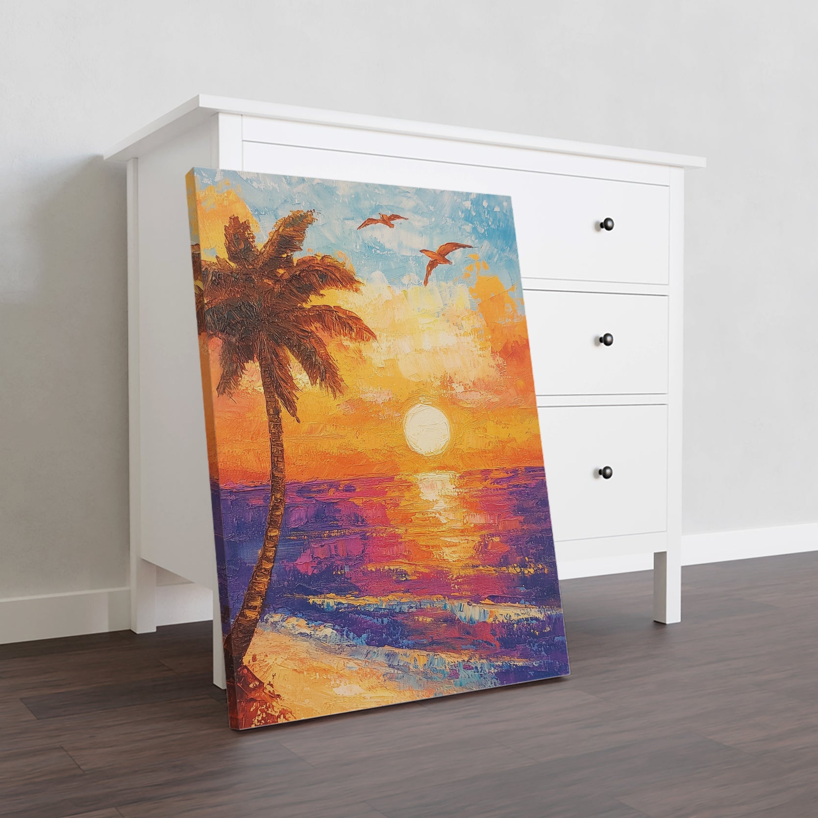 Enhance the beauty of your home with our Beach Sunset Canvas Wall Art featuring a stunning Palm Tree Ocean Scene. Perfect for adding an eye-catching touch to your living room, sofa backdrop, or bedside. Showcasing the serene and calming vibes of a beach sunset, this canvas art is a must-have for any home decor.