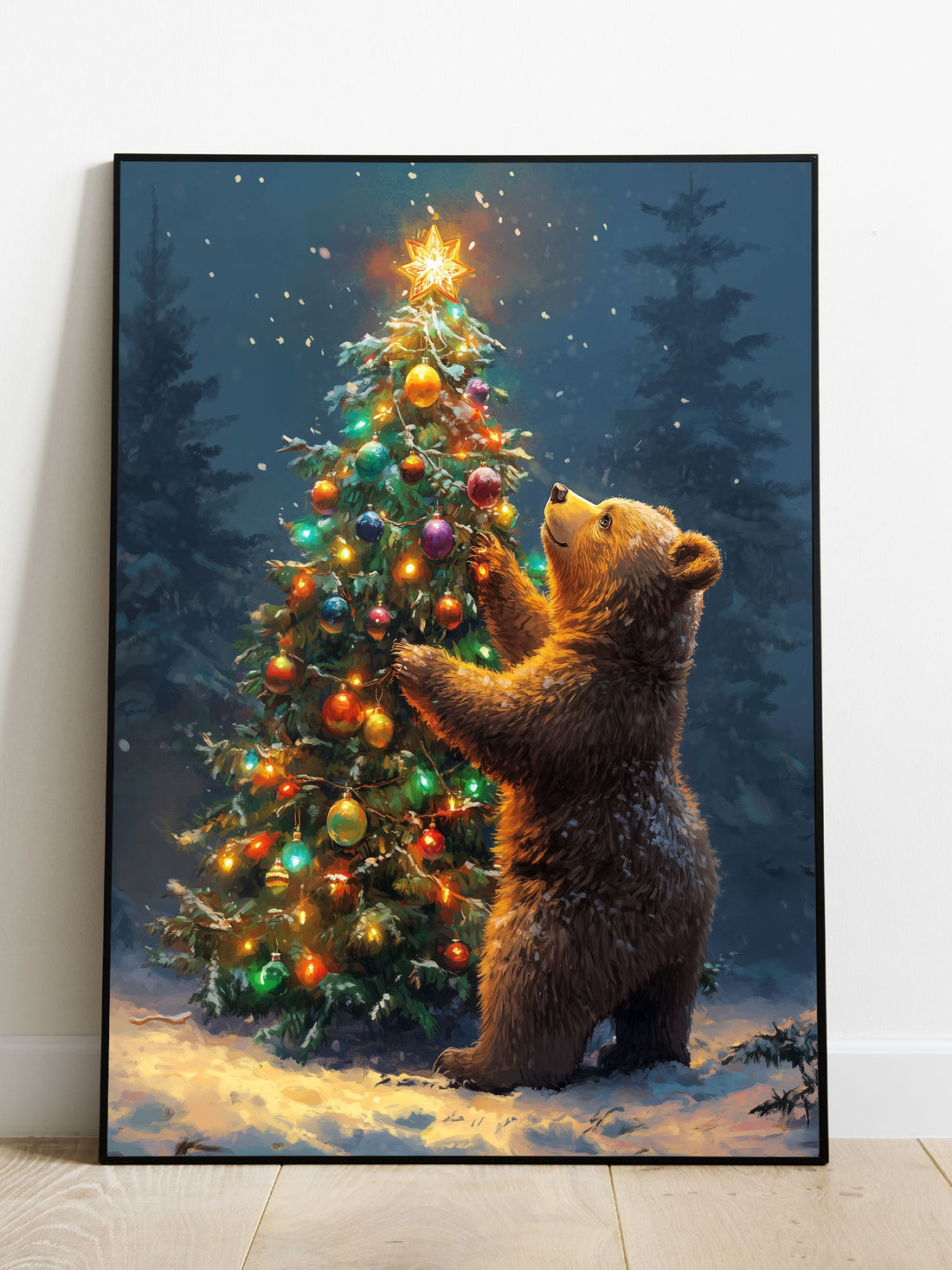 This festive bear decorating the Christmas tree will add holiday cheer to your living room, sofa backdrop, bedside, and home decor. The charming design and no frame option make it versatile for any room. Bring the joy of the season into your home with this adorable decoration.