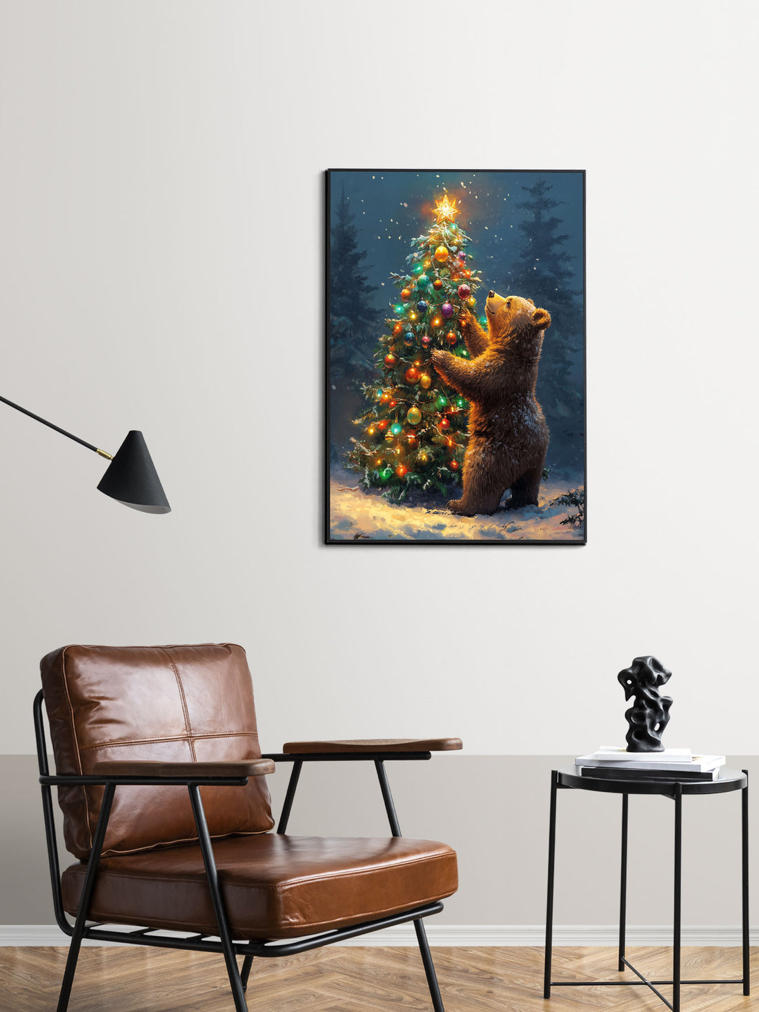 This festive bear decorating the Christmas tree will add holiday cheer to your living room, sofa backdrop, bedside, and home decor. The charming design and no frame option make it versatile for any room. Bring the joy of the season into your home with this adorable decoration.