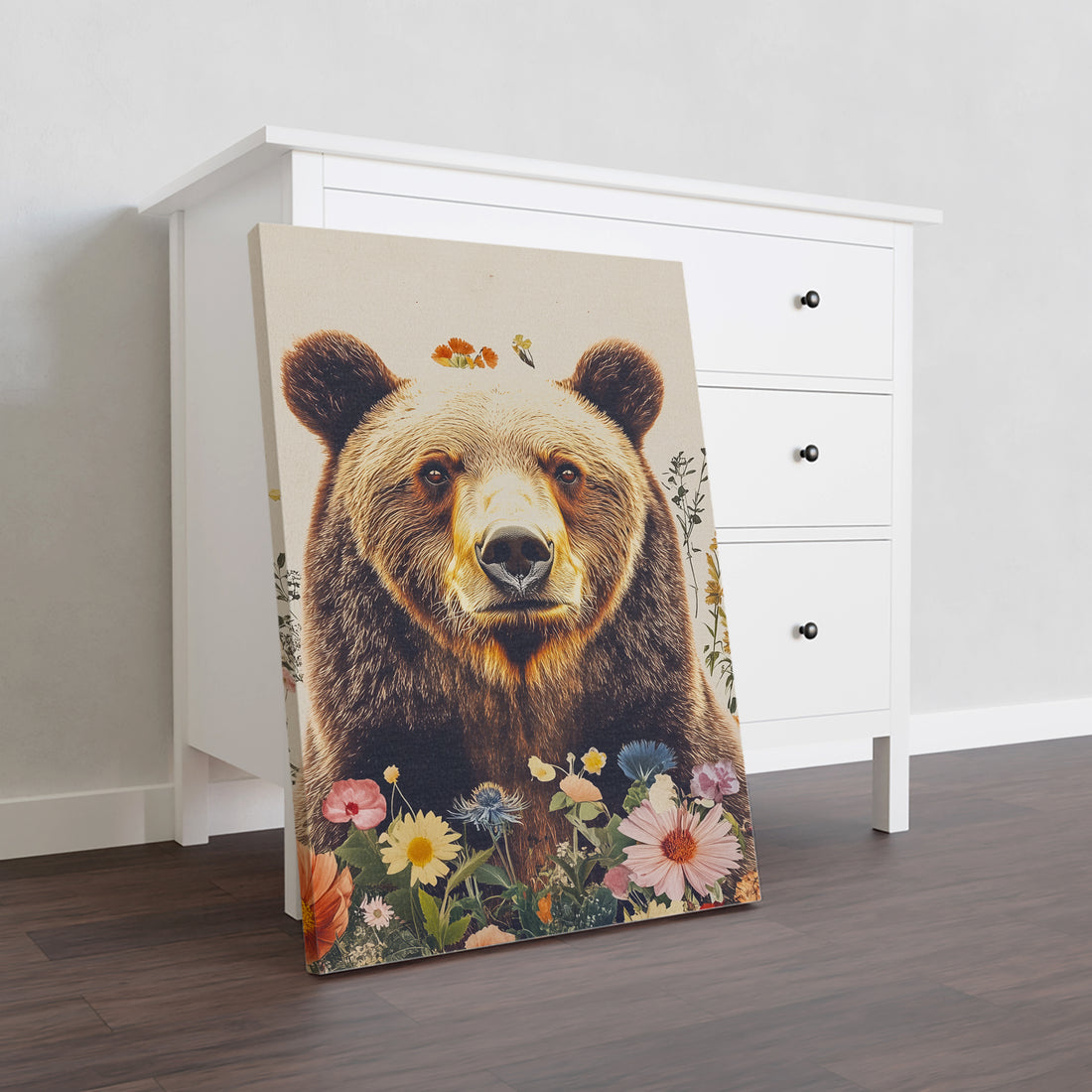 Transform any room into a serene nature escape with our beautiful Bear and Wildflowers Canvas Wall Art. This stunning print features a majestic bear surrounded by vibrant wildflowers, perfect for adding a touch of nature to your living room, sofa backdrop, or bedside.