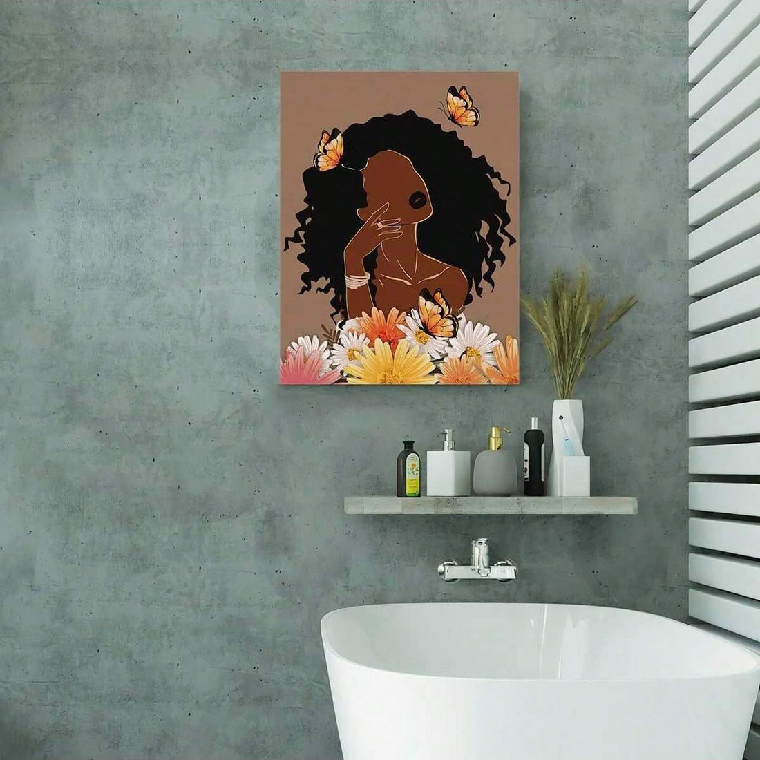 Add a touch of sophistication to any space with this stunning canvas poster painting featuring a beautiful floral African American motif. Professionally crafted and designed, this piece is sure to be a standout addition to your home decor. Elevate your aesthetic with this exquisite and unique piece.