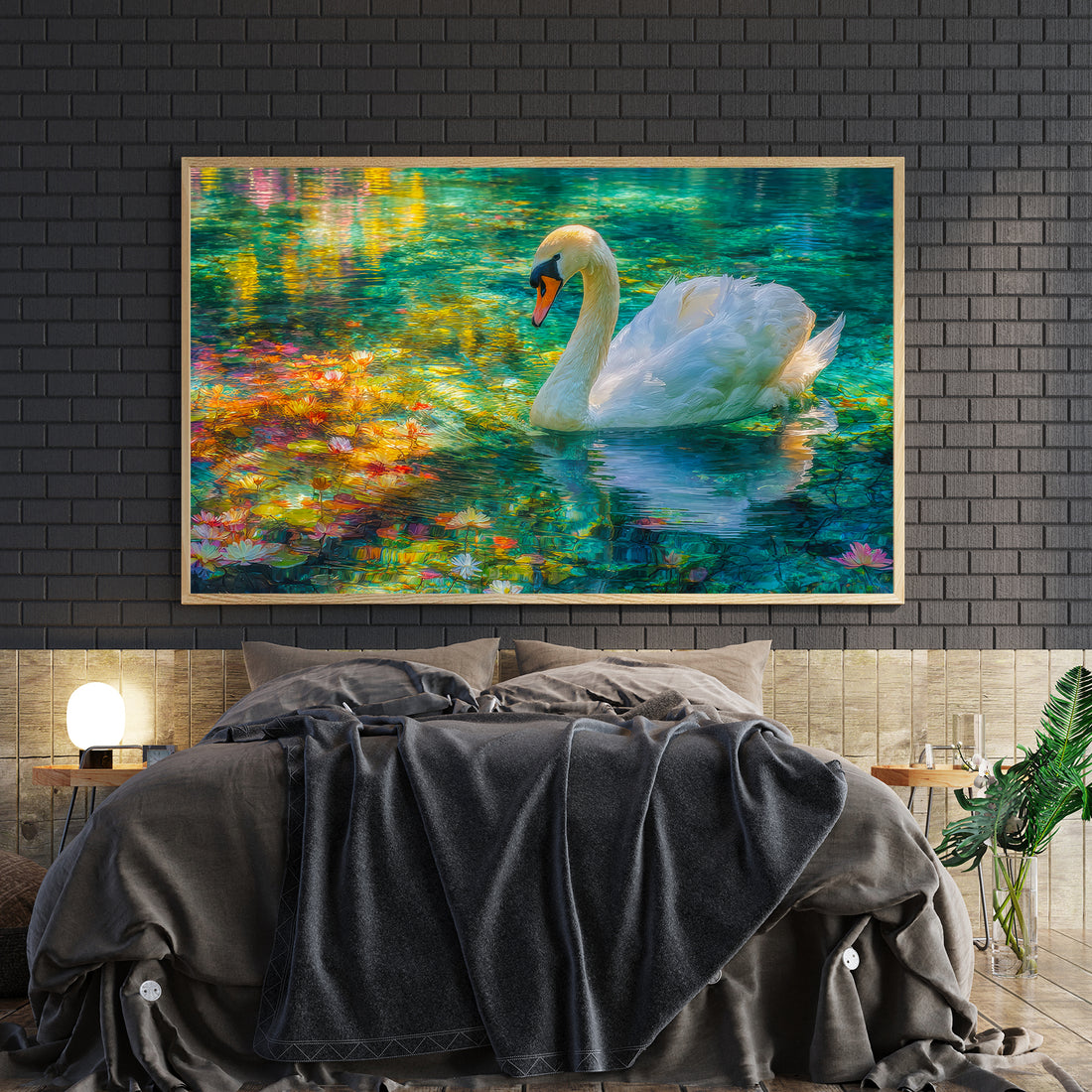 Transform your living space with this stunning swan canvas art featuring a vibrant pond scene adorned with delicate water lilies. The piece captures serene natural beauty through rich, layered colors that draw the eye and spark conversation. Perfect for above sofas, bedroom walls, or any room needing an artistic focal point, this canvas brings tranquility and elegance to your home décor. The dynamic composition balances wildlife artistry with botanical elements, creating visual depth that complements both c