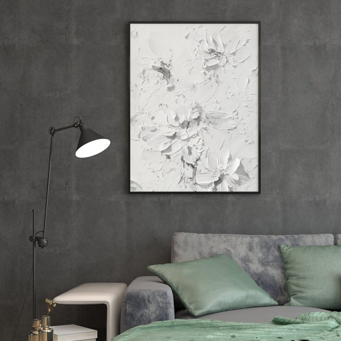 Elevate your interior with this contemporary canvas art piece, featuring delicate floral motifs rendered in sophisticated white tones against a textured background. The dimensional surface adds depth and visual interest, creating a refined focal point that complements modern and transitional décor styles. Versatile enough for living rooms, bedrooms, or entryway spaces, this artwork brings understated elegance to any wall.