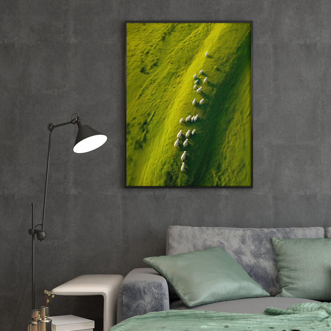 Capture the serene beauty of pastoral landscapes with this stunning aerial nature photography canvas print. Featuring a breathtaking view of rolling green hillsides dotted with white sheep bathed in natural sunlight, this piece brings tranquility and sophistication to any interior space.