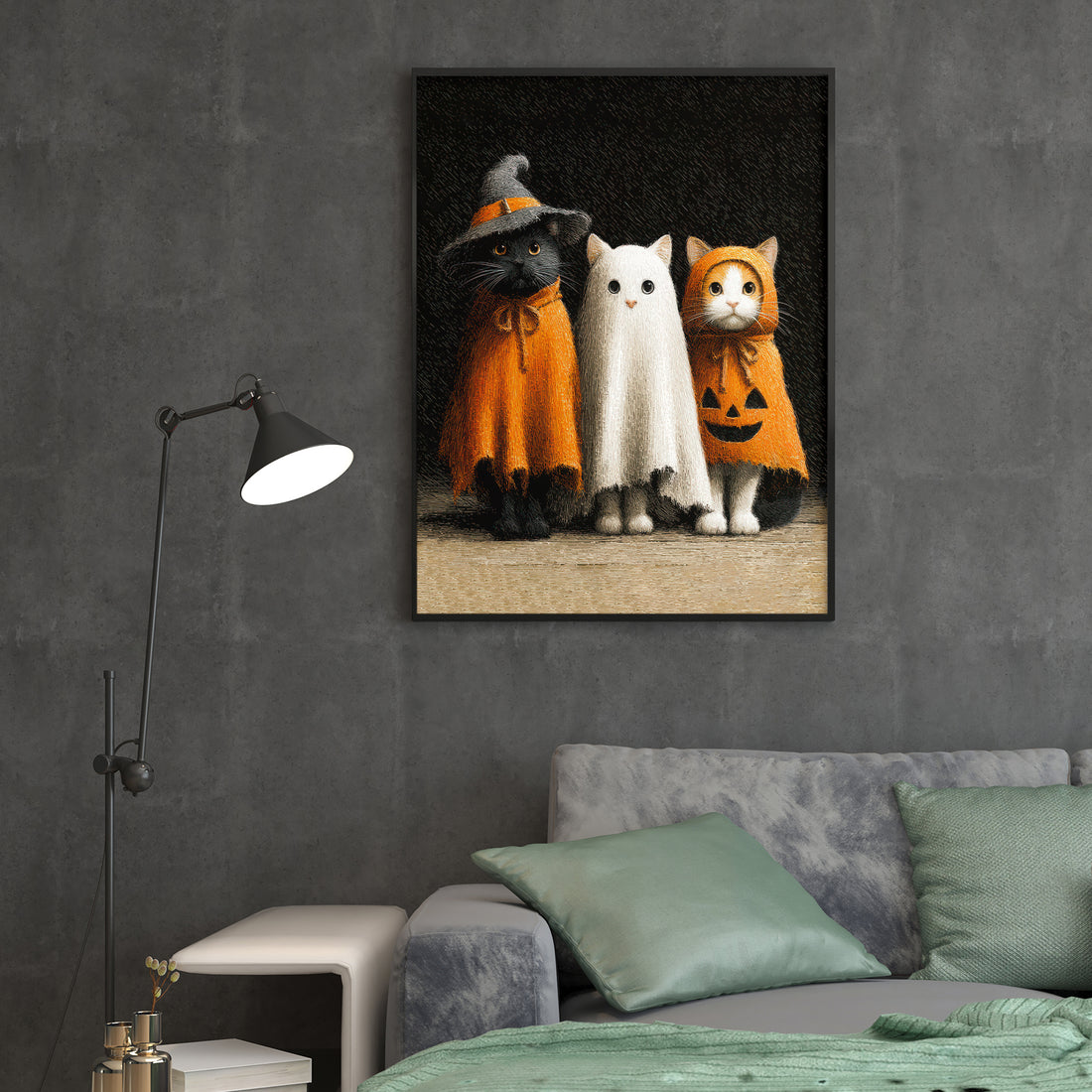 Add a touch of eerie charm to your living space with this Halloween Cats Canvas Wall Art. Featuring cats in spooky costumes, this print creates a festive atmosphere perfect for your living room, sofa backdrop, or bedside decoration. Crafted to enhance your home decor, it blends seasonal spirit with artistic flair, making it an ideal choice for those who appreciate unique and thematic wall art.