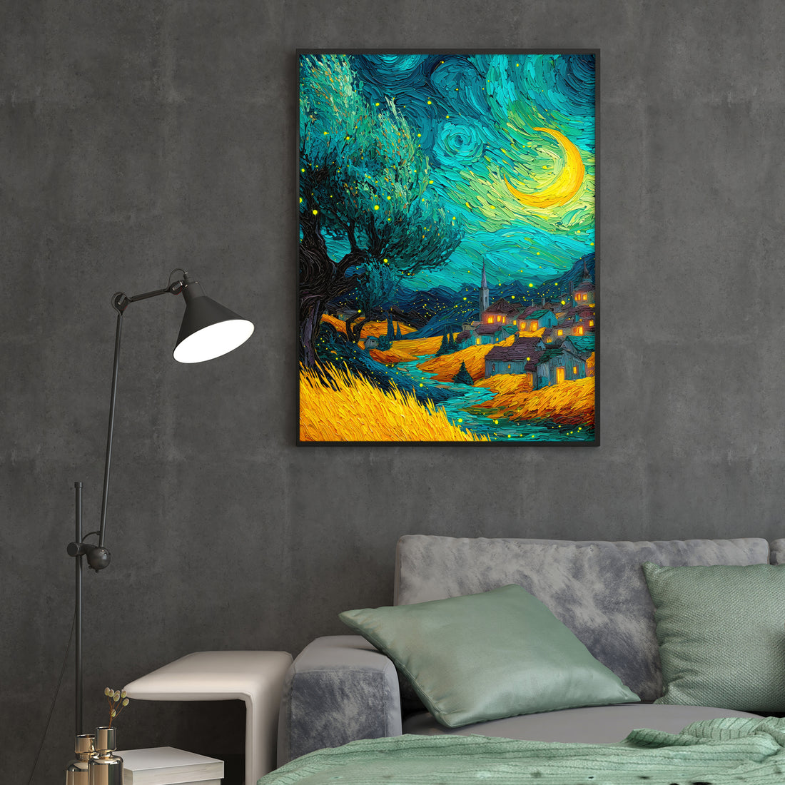 Elevate your interior design with this captivating canvas artwork showcasing a luminous village scene beneath a starlit sky. The sophisticated interplay of turquoise and gold creates visual warmth and depth, drawing viewers into the composition's narrative landscape.
