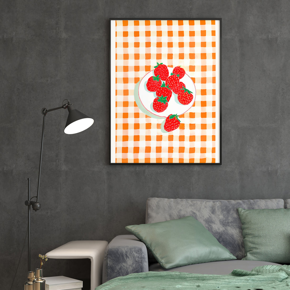 Enhance your living space with this decorative kitchen wall art canvas featuring a charming strawberry design set against a vibrant orange gingham pattern. Perfect for adding a fresh, inviting touch to your kitchen, living room, or bedside area, this piece blends classic motifs with contemporary style to complement various decor themes. Its vivid colors and detailed artwork create a warm ambiance, making it an ideal backdrop for sofas or beds while elevating your home's overall aesthetic.