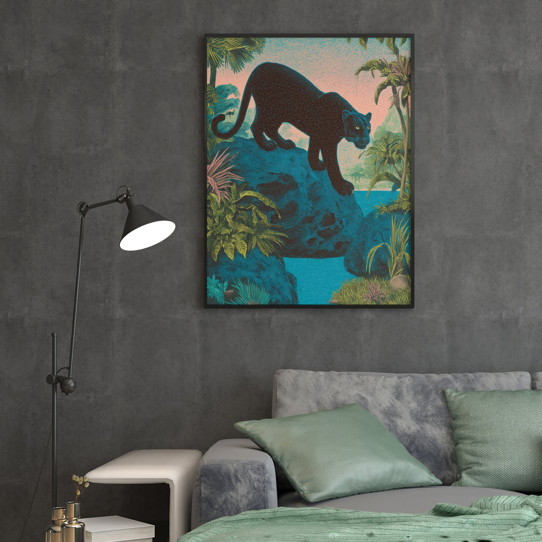 Elevate your living space with this Tropical Black Panther Jungle Art Canvas Print. Expertly crafted, it features a striking black panther set against lush tropical foliage, adding depth and sophistication to any room. Ideal as a living room centerpiece, sofa backdrop, or bedside decoration, this canvas print brings a bold yet elegant touch to your home decor. Its high-quality materials ensure durability and vivid colors that enhance your interior with a captivating jungle ambiance.