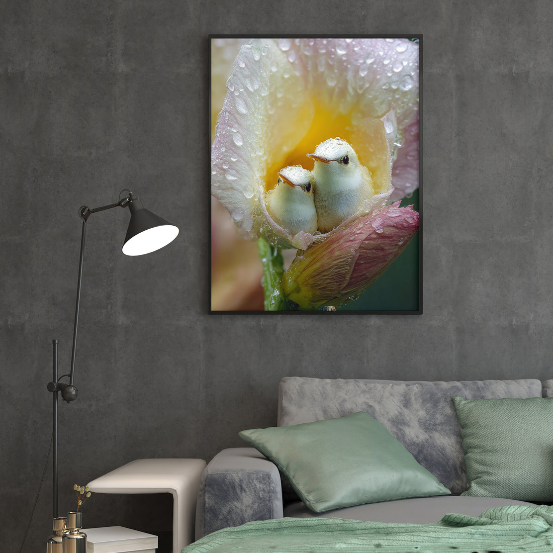 Bring serene natural beauty into your home with this exquisite canvas wall art featuring delicate baby birds nestled among dewy flowers. The soft, detailed composition creates a calming focal point perfect for living rooms, bedrooms, or above sofas. This nature-inspired piece combines artistic elegance with peaceful imagery, transforming any space into a tranquil sanctuary.