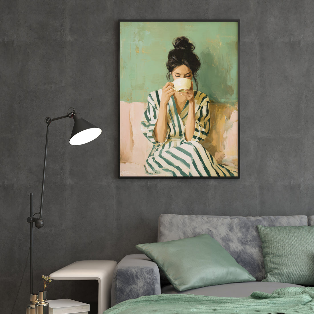 Contemporary Morning Coffee Canvas Wall Art This refined canvas painting captures the aesthetic of modern living through its thoughtfully composed imagery of a green and white striped dress paired with morning coffee elements. The work demonstrates technical proficiency in balancing pattern and narrative, creating a piece that functions as both decorative accent and artistic statement. Suited for discerning collectors, the painting performs exceptionally well as a sofa backdrop, bedroom focal point, or livi