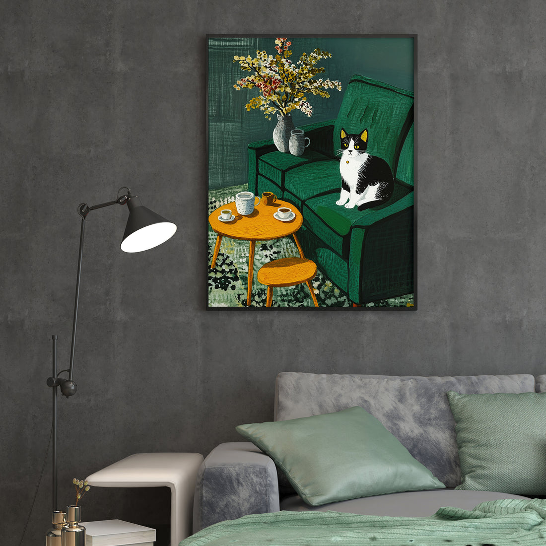 Elevate your living space with this contemporary art print that seamlessly blends feline charm with coffee culture aesthetics. Featuring a modern design palette anchored by sophisticated green tones, this piece serves as an ideal focal point for living rooms, bedroom walls, or above sofas. The minimalist composition appeals to design-conscious homeowners seeking statement decor that complements both eclectic and curated interiors.
