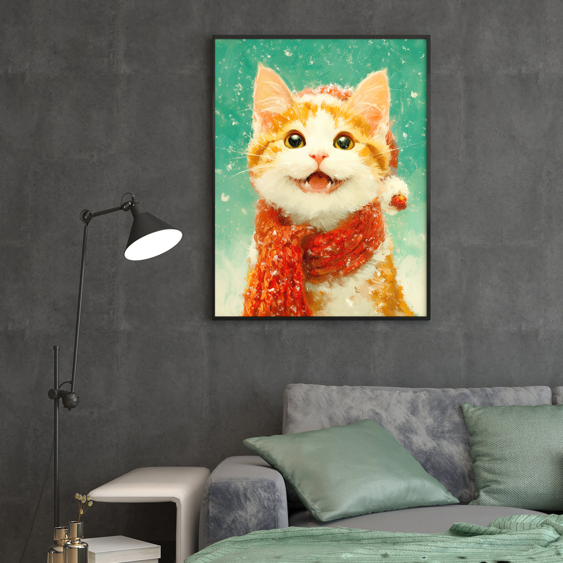 Bring warmth and charm to any room with this delightful winter-themed canvas art featuring an adorable orange and white kitten wrapped in a cozy red scarf. The vibrant color palette and whimsical subject matter create an inviting focal point perfect for living rooms, bedrooms, or above sofas.