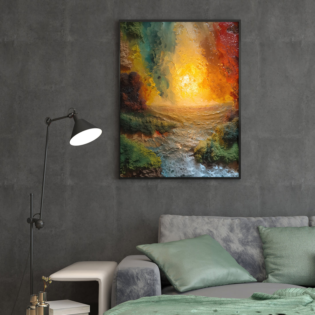 Elevate your living space with this Abstract Landscape Canvas Wall Art featuring a serene mountain sunset scene. Perfectly suited for living rooms, sofa backdrops, or bedside decoration, this piece brings a sophisticated touch of nature indoors. Its vibrant colors and abstract design create a calming atmosphere, enhancing your home decor with expert artistry and timeless appeal.