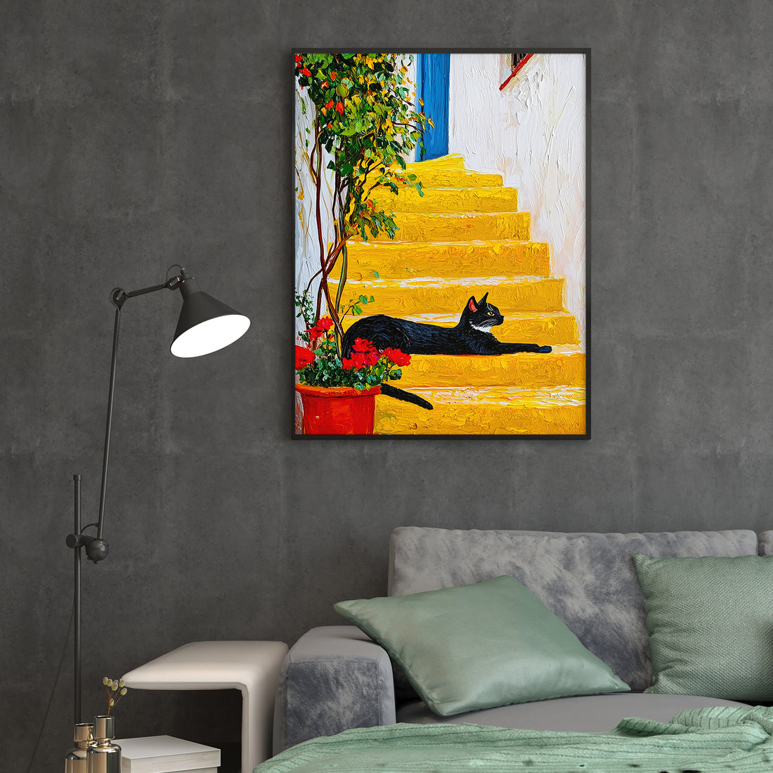 Transport your space to the sun-drenched shores of the Mediterranean with this captivating canvas art. Featuring a charming black cat perched on vibrant yellow stairs adorned with blooming red flowers, this piece captures the essence of coastal European charm. The warm color palette and whimsical composition create an inviting focal point perfect for living rooms, bedrooms, or above sofas.