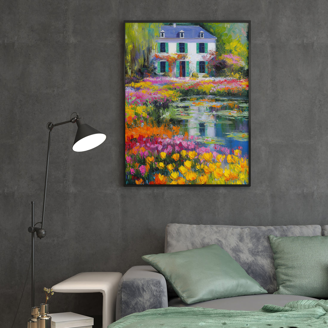 Transform your living space with this stunning impressionist canvas that captures the serene beauty of a flourishing garden. Featuring vibrant tulips and a tranquil pond set against a charming cottage backdrop, this landscape painting brings nature's palette directly into your home. The soft, artistic brushwork creates an inviting atmosphere perfect for living rooms, bedside walls, or above sofas. High-quality canvas construction ensures lasting color vibrancy and durability.