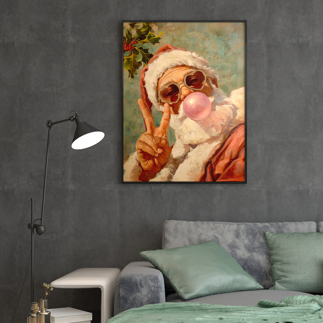 Elevate your space with this striking Santa Claus portrait canvas, reimagined with contemporary flair. Featuring a playful Santa sporting trendy bubble gum and heart-shaped glasses, this artwork blends festive tradition with modern pop art aesthetics. The vibrant composition makes an ideal focal point above your sofa, in the living room, or beside your bed.