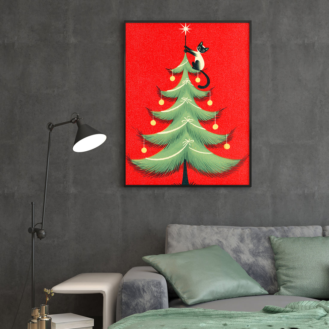 Elevate your interior with this striking mid-century modern canvas print featuring a sophisticated tuxedo cat perched gracefully on a stylized tree. The retro aesthetic captures the essence of 1950s design with clean lines, muted tones, and minimalist composition that complements contemporary and vintage décor alike.