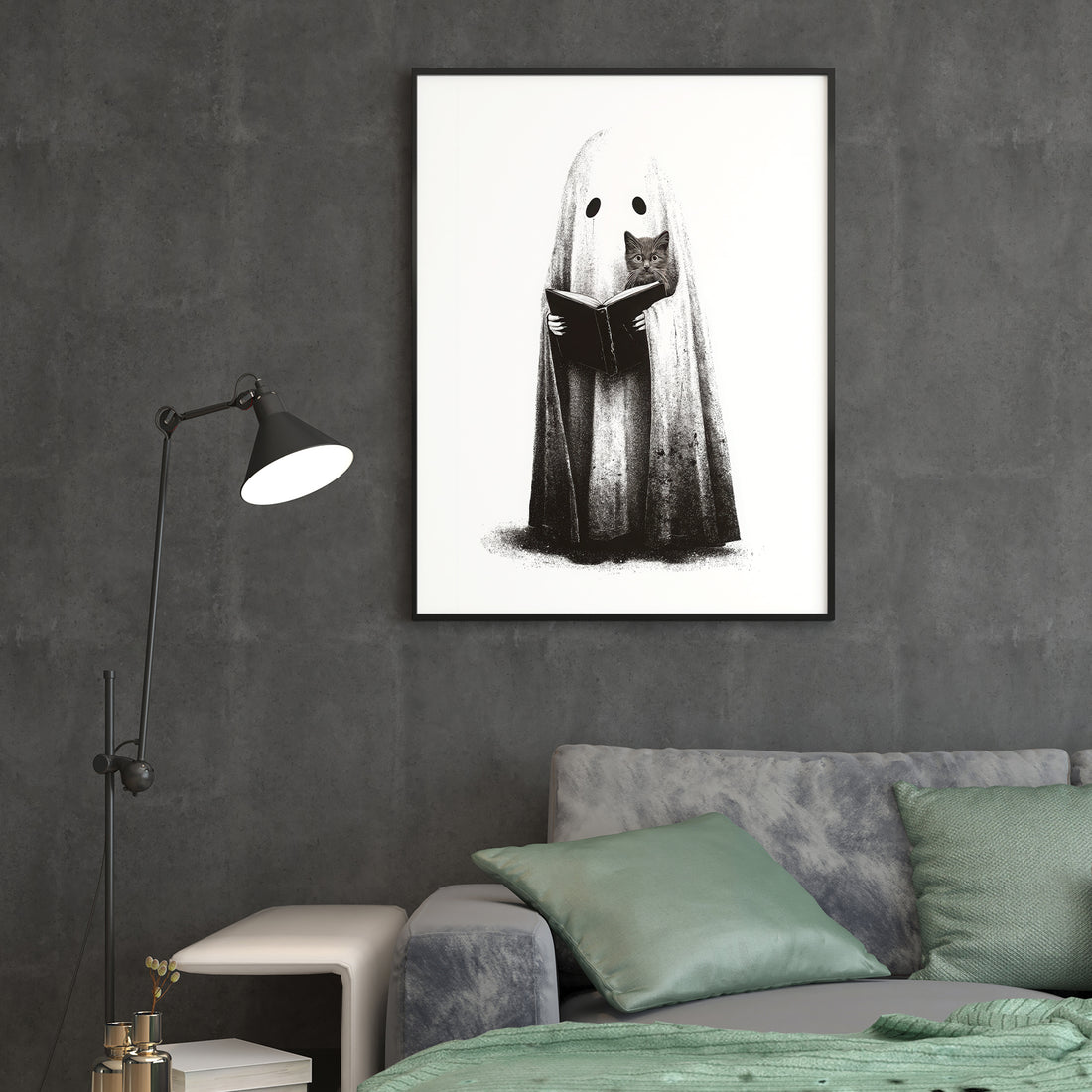 Elevate your home decor with this expert-crafted black and white Halloween canvas print featuring a ghost reading alongside a curious cat. Perfect for living rooms, sofa backdrops, or bedside decoration, this artwork adds a subtle yet sophisticated seasonal touch. Its monochrome palette ensures seamless integration with various interior styles, creating a captivating focal point that blends festive charm with timeless elegance.