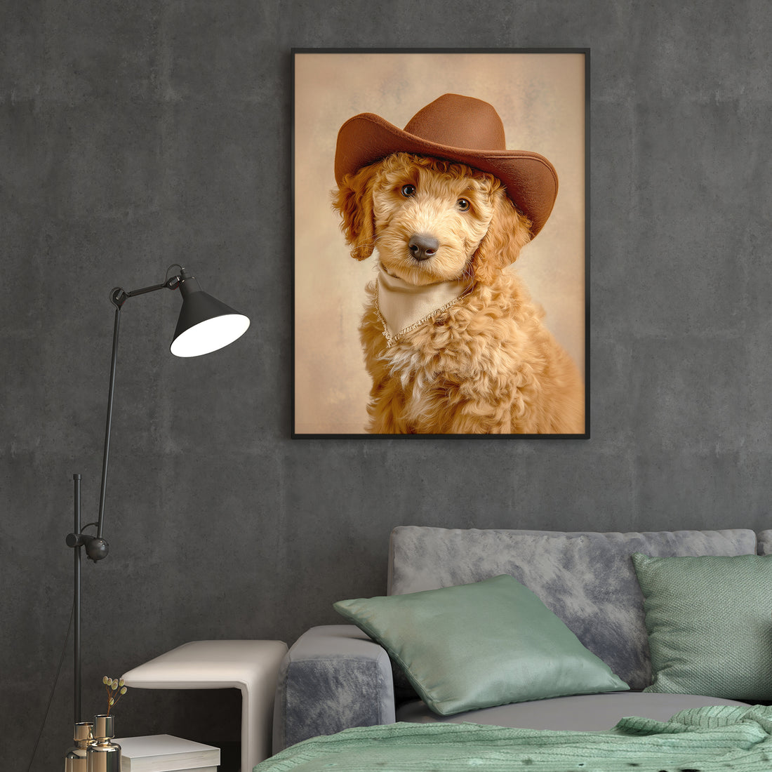 This charming canvas portrait captures a spirited dog sporting a classic cowboy hat, bringing personality and warmth to any interior space. The artwork combines playful Western aesthetics with pet-lover appeal, making it an ideal focal point for living rooms, bedrooms, or spaces above sofas