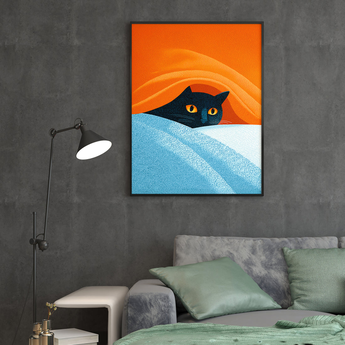 This striking black cat art print brings contemporary sophistication to any interior space. Rendered in a modern minimalist style, the composition features bold contrasts between deep black silhouettes and vibrant orange and blue tones, creating visual interest without overwhelming your décor. The clean lines and geometric approach make it versatile enough to complement various design aesthetics, from Scandinavian to mid-century modern.