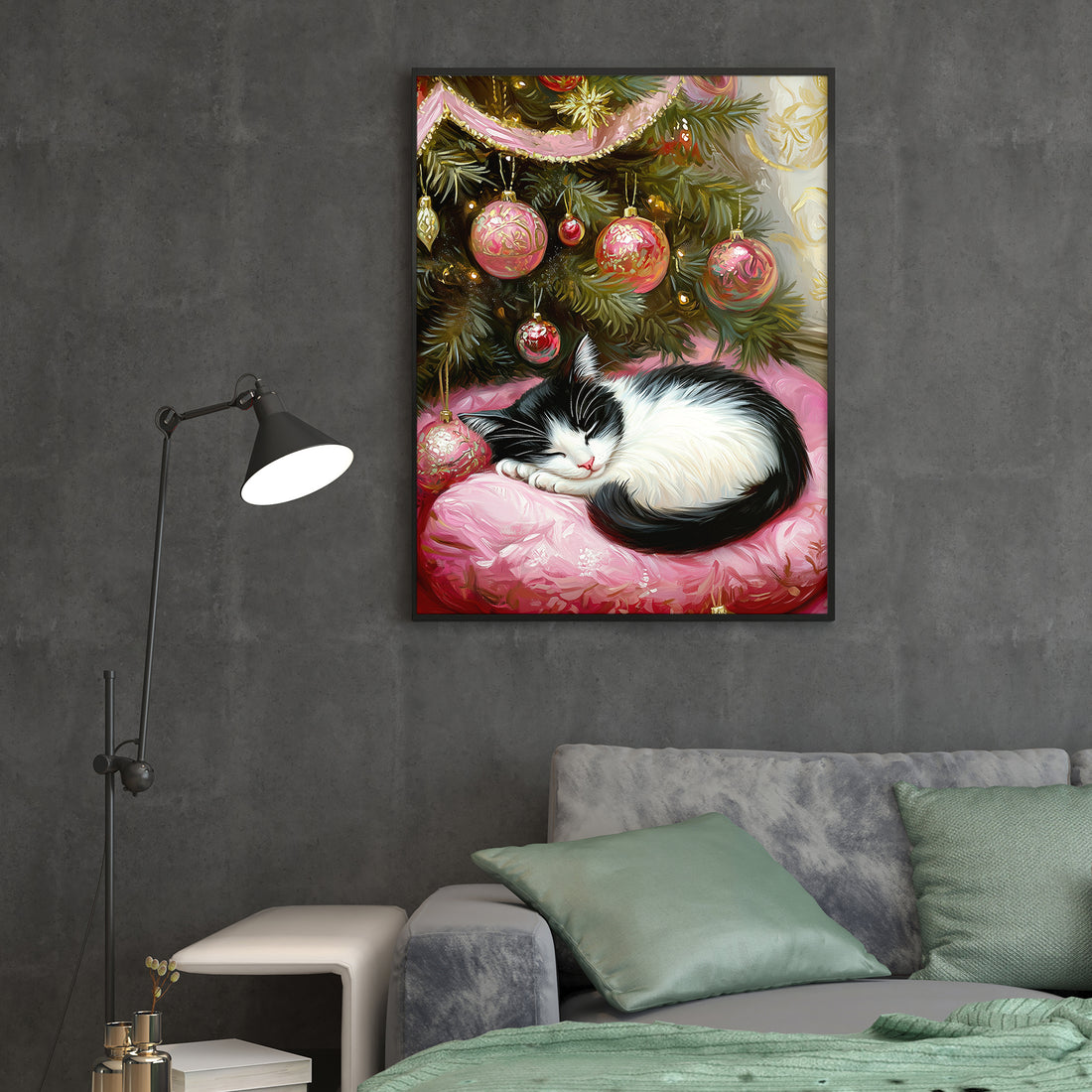 Bring festive charm to any room with this captivating Christmas Cat Canvas Wall Art. Featuring a serene black and white illustration of a cat peacefully sleeping beneath a decorated tree, this piece combines holiday warmth with timeless elegance. The monochromatic design complements any interior style, making it ideal for living rooms, bedrooms, or spaces above sofas.