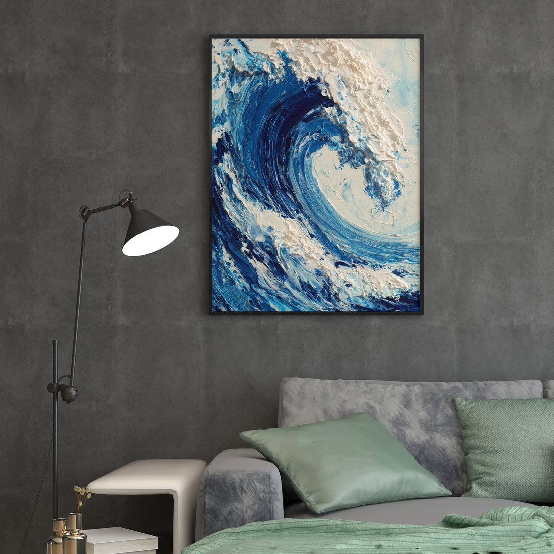 Capture the serene beauty of the sea with this Ocean Wave Canvas Wall Art. Featuring textured blue and white hues, this seascape painting adds depth and tranquility to any living room, sofa backdrop, or bedside area. Its expert craftsmanship enhances your home decor with a sophisticated coastal touch, creating a calming atmosphere that complements a variety of interior styles.