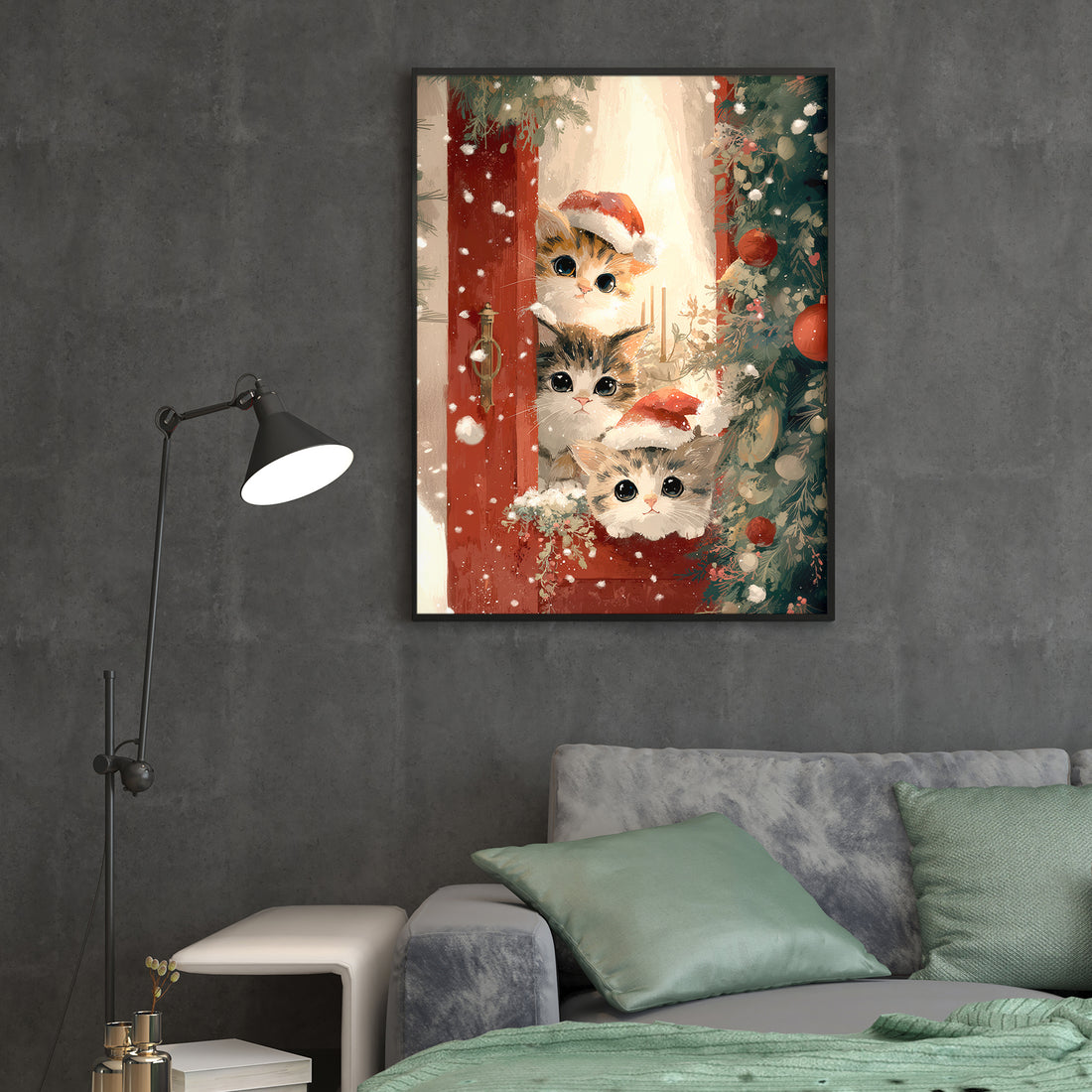 Bring festive charm to any room with this delightful Christmas canvas wall art featuring adorable cats dressed in Santa hats. Perfect for creating a warm, holiday atmosphere in your living room, above your sofa, or beside your bed, this piece combines seasonal spirit with whimsical feline appeal.