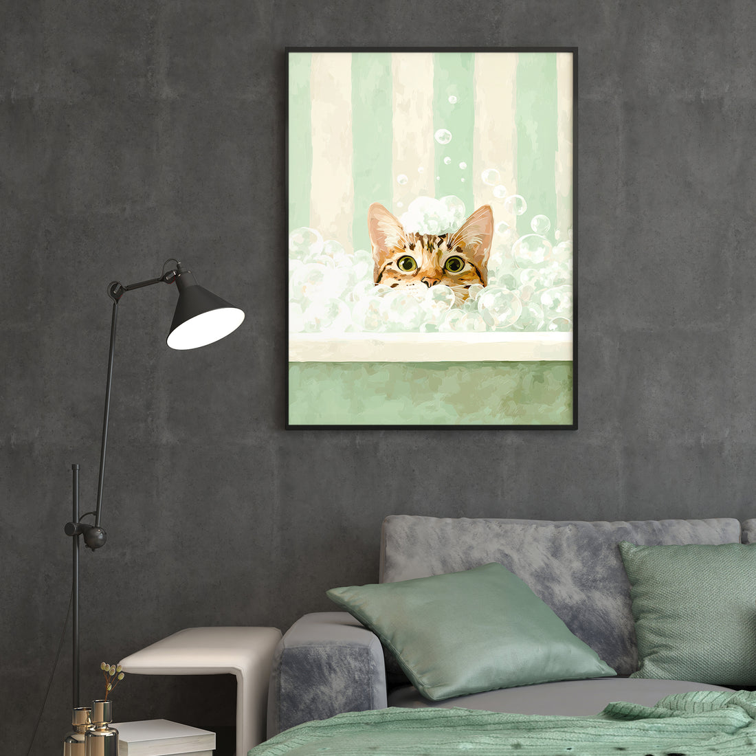 Elevate your space with this charming canvas wall art featuring a whimsical cat design set against refreshing green and white stripes. Perfect for bathrooms, living rooms, or bedside walls, this print brings playful personality to any interior.