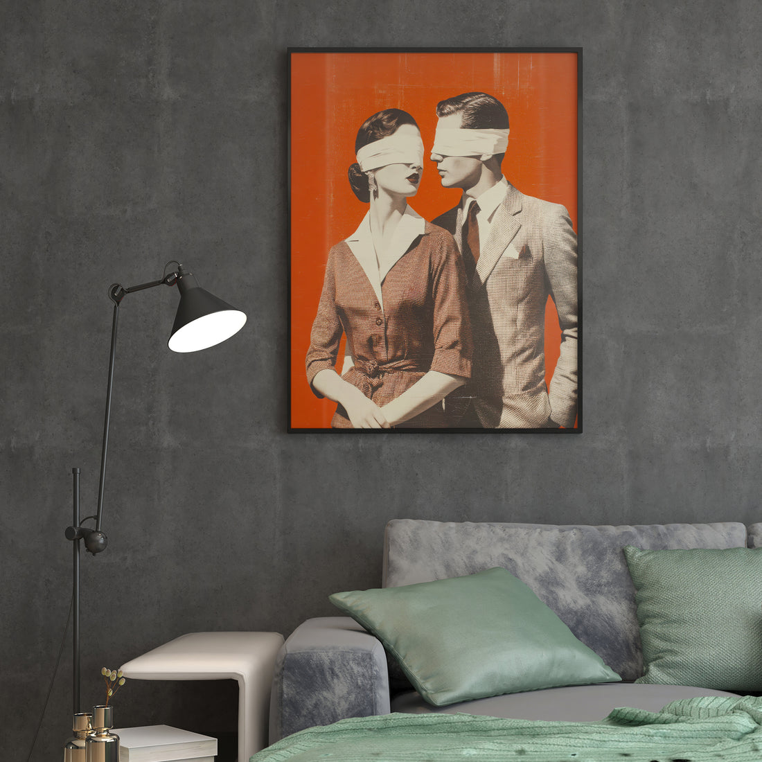 This striking canvas print merges vintage aesthetics with contemporary abstract design, featuring a sophisticated palette of warm oranges and deep blacks. The composition creates visual depth and movement, making it an ideal focal point for living rooms, bedside spaces, or above sofas.