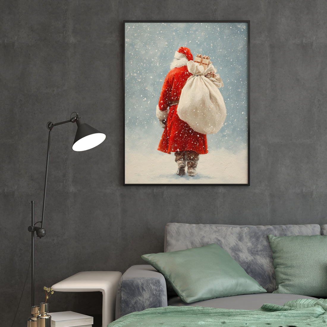 Celebrate the festive season with this expertly crafted Christmas canvas wall art featuring a charming winter Santa carrying a gift bag in a snowy setting. Perfectly sized for living rooms, sofa backdrops, or bedside decoration, this piece adds a warm, seasonal touch to your home decor. Its high-quality canvas ensures durability and vibrant colors, making it a timeless addition to your holiday decorations.