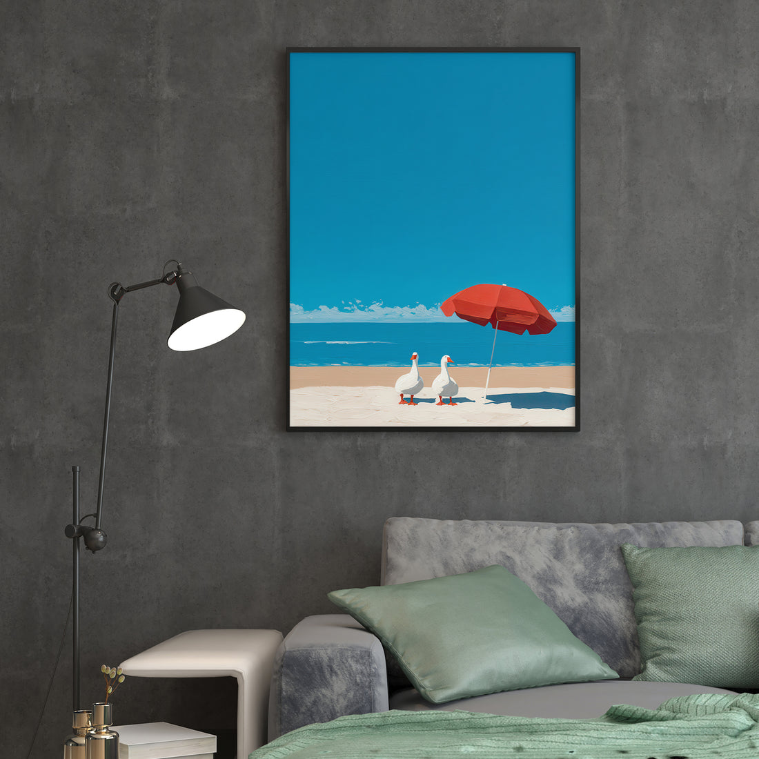 Transform your space with this charming beach scene canvas art featuring playful ducks sheltering under a vibrant red umbrella. The serene coastal palette of blues and whites creates a calming atmosphere perfect for living rooms, bedrooms, or any area needing a touch of summer tranquility. This versatile piece complements modern and traditional décor alike, serving as an ideal focal point above sofas or beside beds. High-quality canvas construction ensures lasting durability and color vibrancy. 
