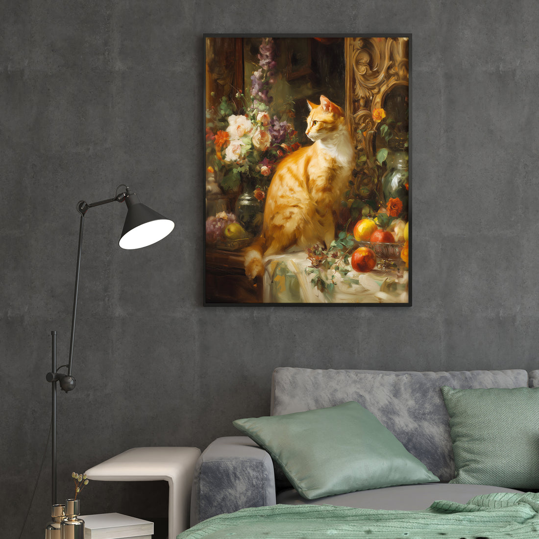 Classic Still Life Canvas Wall Art, Orange Cat with Flowers and Fruit - For Living Room, Sofa Backdrop, Bedside Decoration, Home Decor