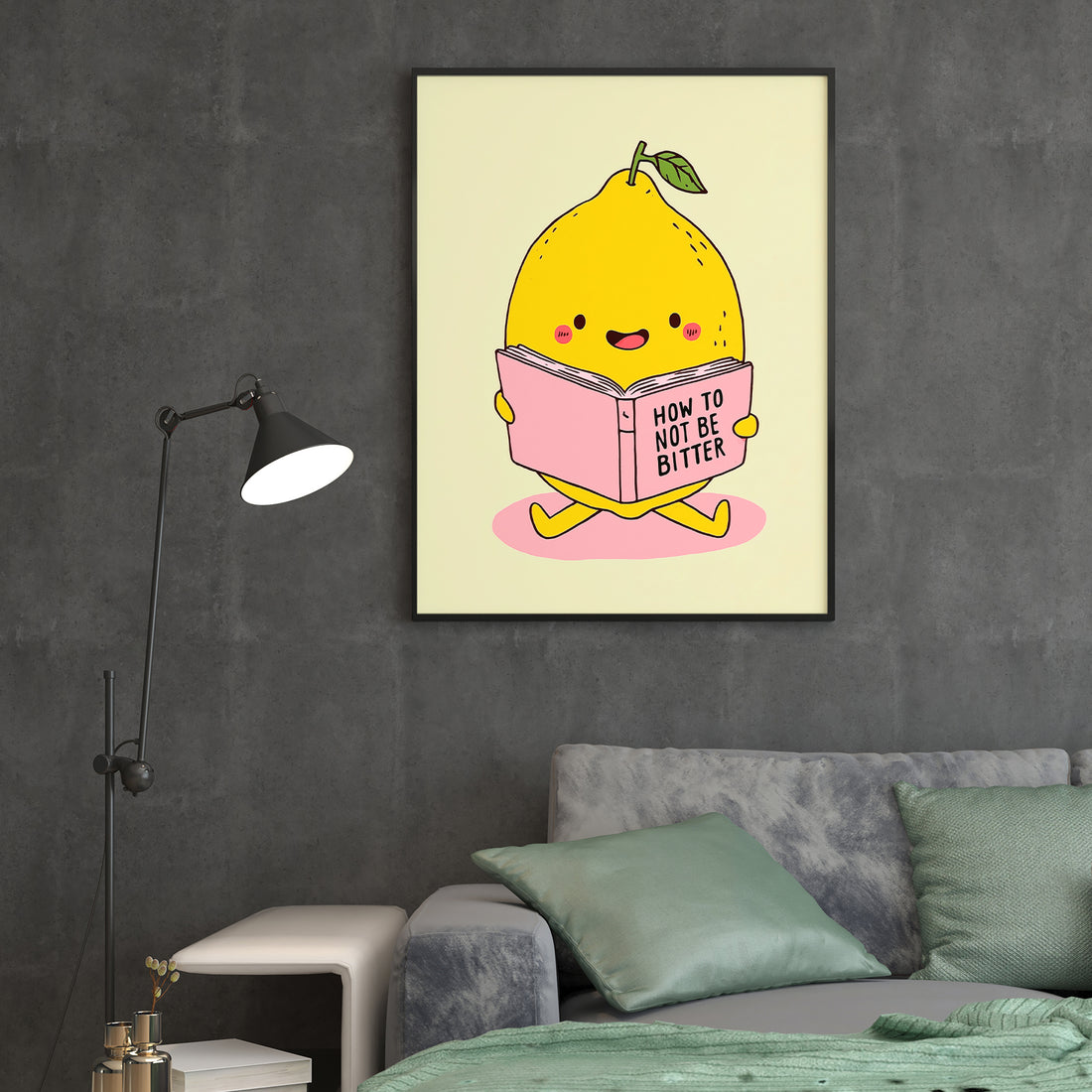 Add a fresh and charming touch to your living space with this Cute Lemon Art Print featuring a whimsical reading book design. Perfect for enhancing your living room, sofa backdrop, or bedside area, this wall decor piece combines playful imagery with vibrant colors to create a cozy and inviting atmosphere. Crafted to complement various interior styles, it brings a subtle yet uplifting accent that brightens any room effortlessly. Ideal for those seeking a unique and tasteful home decoration.